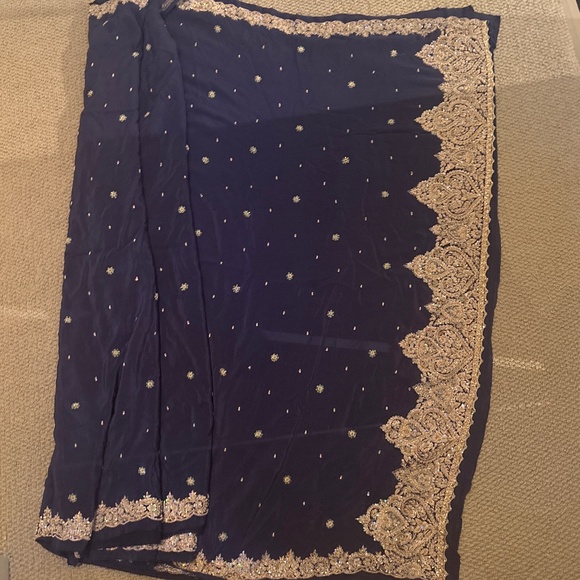 Navy Silk Saree with 2 Blouses - Picture 1 of 4